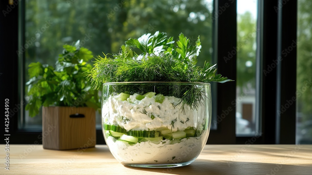 Poster creamy cucumber salad with visible flakes of dill and perhaps a hint of onion, presented in a clear 