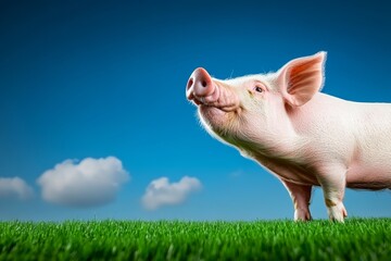 Pig is standing in a field of grass with a blue sky in the background. The pig is looking up at the camera, and its expression seems to be curious or playful. Concept of freedom and natural beauty