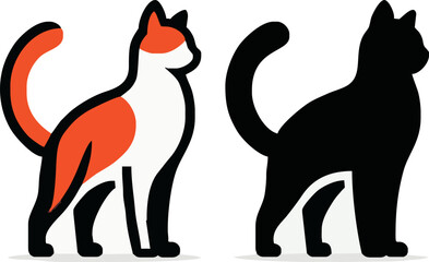Cat Silhouette: A sleek, artistic vector illustration presents a pair of cats, one a playful combination of vibrant colors, the other a captivating black silhouette, inviting a world of curiosity.