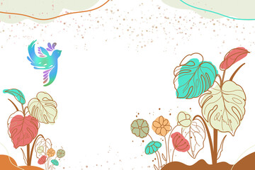 Abstract frame design with colorful birds and abstract leaves and flowers with transparent background suitable for book title invitations and covers
