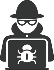 Anonymous Hacker with Hat Using Laptop Featuring Bug, Isolated on Transparent