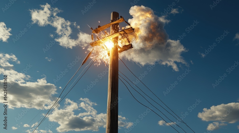 Poster isolated wooden power pole with a clearly visible electrical spark, emphasizing the single point of 