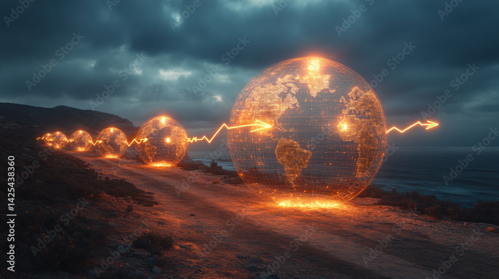 Poster glowing globes with financial graphs illuminate coastal path under moody sky, symbolizing global mar