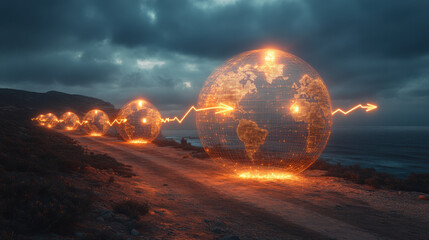 Glowing globes with financial graphs illuminate coastal path under moody sky, symbolizing global market trends and connectivity. scene evokes sense of futuristic innovation