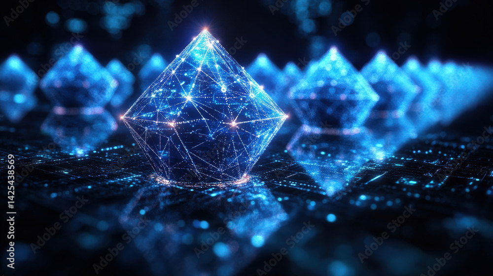 Poster series of glowing blue geometric shapes resembling diamonds are interconnected by network of digital