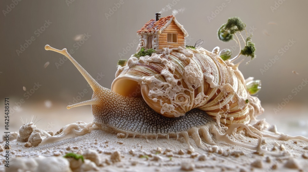 Poster Macro image of a snail bearing a small house, intricate shell patterns, nature
