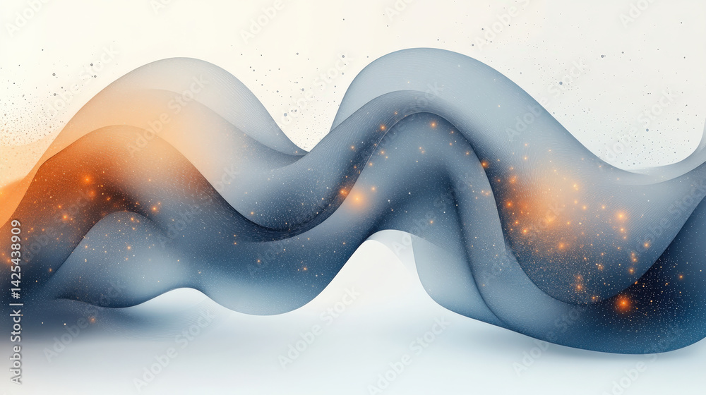 Poster flowing abstract design featuring smooth waves and circles in calming blue and orange tones, evoking