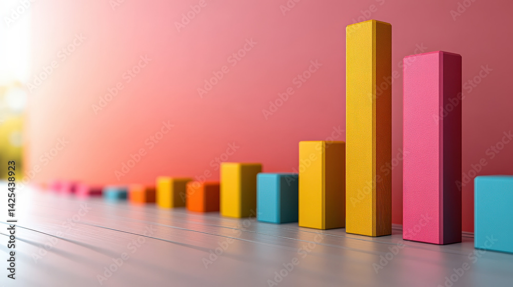 Poster Colorful 3D bar chart with gradient background, showcasing data visualization in minimalist style. bars vary in height, representing different values, on wooden surface