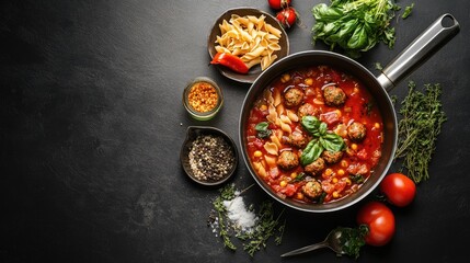 Overhead shot of a beautifully presented bowl of Italian wedding soup, showing the arrangement of meatballs, vegetables, and pasta in the flavorful broth. Classic Italian soup.