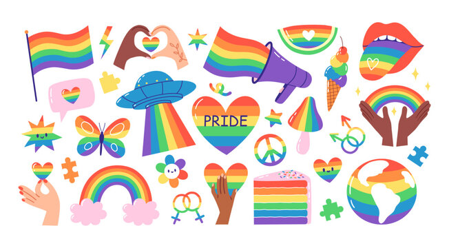 Set of rainbow LGBTQ elements. Pride month stickers. Hand drawn vector illustration.