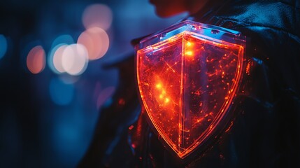 Glowing Cybersecurity Shield Protecting Shoulder in Dark, Futuristic Urban Setting