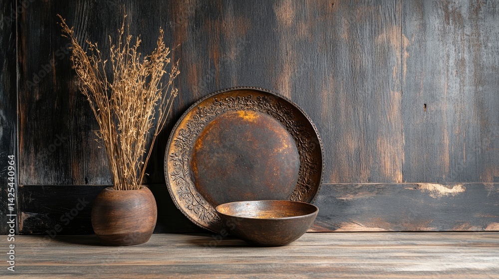 Poster rustic setting with two antique metal plates, simple background emphasizing their ornate details and