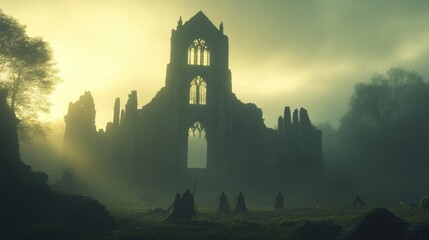 Obraz premium Ruined abbey shrouded in morning mist