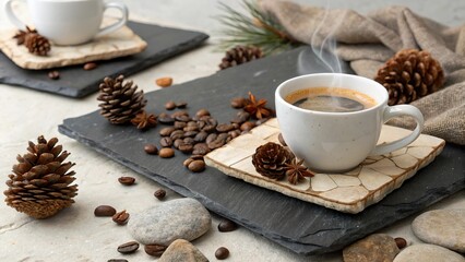 Enjoying freshly brewed coffee served on natural stone slabs with pinecones and earthy elements in a cozy setting