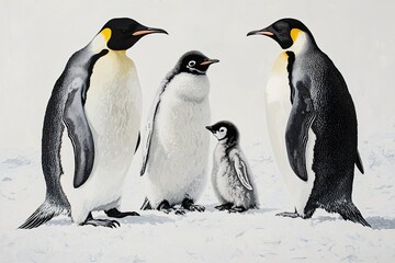 Obraz premium A family of emperor penguins standing together on the snow-covered ice, with one baby chick between them. The backdrop is an icy landscape of Antarctica, with distant details visible in the distance. 