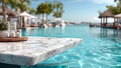 Fototapeta premium Luxury Marble Table with Beach Resort and Swimming Pool View – Summer Vacation Concept