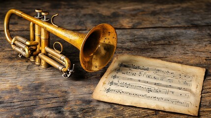 Aged Brass Trumpet and Antique Sheet Music on Dark Wooden Surface