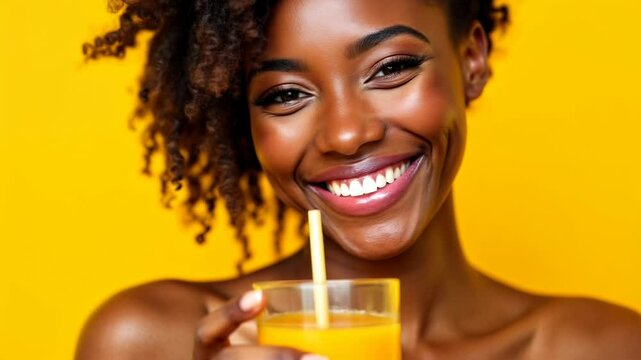 Smiling black woman enjoying orange juice against a yellow background  