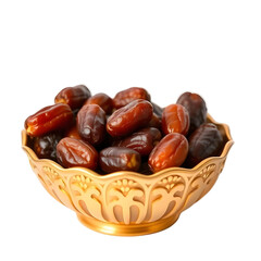 Obraz premium Dried sweet dates, a healthy brown fruit and snack, are shown closeup, isolated on a white background, some in a bowl