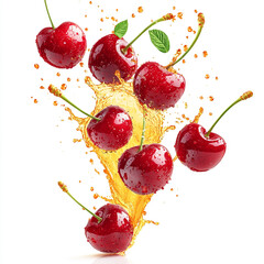 Floating cherries with fresh juice splashes, isolated on white background