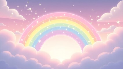 Pastel Rainbow with Sparkling Stars and Fluffy Clouds, Ideal for Fantasy, Dreamy, and Magical Design Concepts