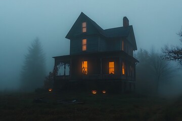A Haunted House with Glowing Pumpkins and Misty Atmosphere