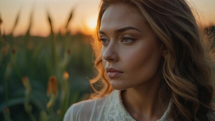 Naklejka premium Golden Hour Portrait Woman in a Field at Sunset