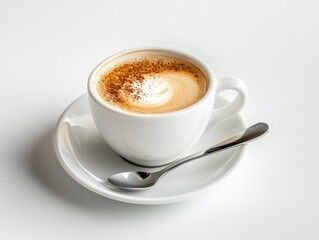 Fototapeta premium A white background features a cup of milk that has a spoon placed in it