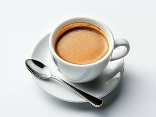 Obraz premium A white background features a cup of milk that has a spoon placed in it