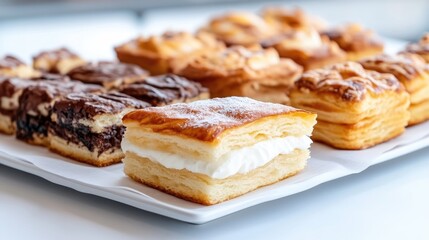 Assorted pastries on a tray, showcasing a variety of sweet treats, including chocolate squares and cream-filled pastries