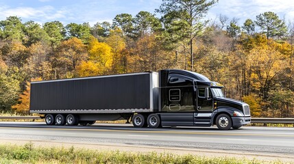 Black Semi Truck with Trailer on Highway Surrounded by Trees