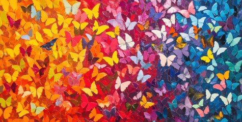 Colorful butterflies are flying in a rainbow of colors