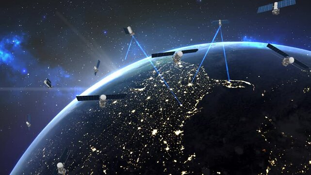 Artificial earth satellites in near-Earth orbit receive and transmit digital radio signals. Global information exchange. Global Positioning System (GPS). Satellite communications over America, 4k.