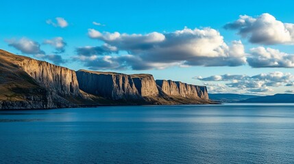 Dramatic coastal cliffs meet a calm sea under a vibrant sky
