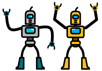 set of funny cartoon robots. cute robot vector design illustration pose raising two hands and waving one hand. cute robot cartoon for kids