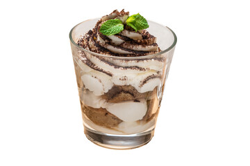Tiramisu decorated with mint in a glass