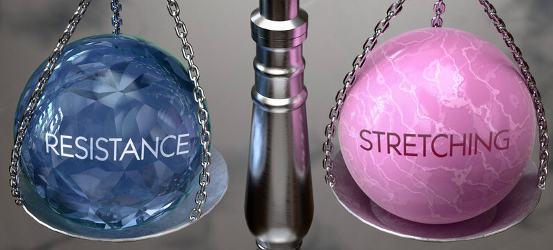 Resistance or Stretching - weighing two choices, available options. Choosing between resistance or stretching. Two different course of actions. ,3d illustration
