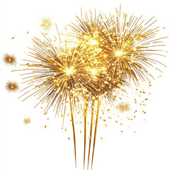 Golden fireworks burst with glowing sparks, isolated on white background