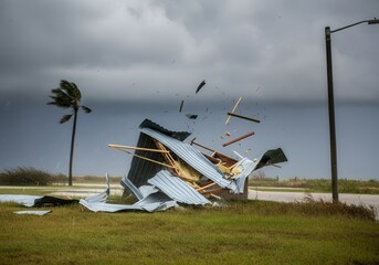 Destructive hurricane wind shattering rural shed with flying debris and bent palm tree
