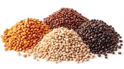 Four piles of different colored quinoa seeds are displayed on a white background showcasing their unique textures and hues.
