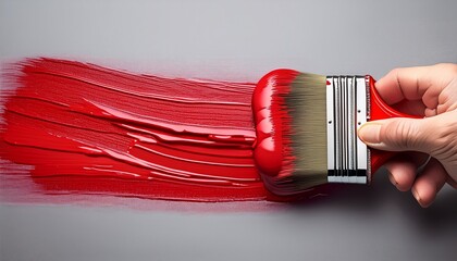 薄いグレーの控えめな背景に、中央で鮮やかな赤いペンキを塗る手が力強く筆を握り、色がキャンバスに広がっていく様子が表現されている。対照的な色の調和が印象的なシーン

