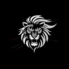Fototapeta premium Monochromatic Roaring Lion Head Logo with Dynamic Mane on Black Background - Logo and T-Shirt Design