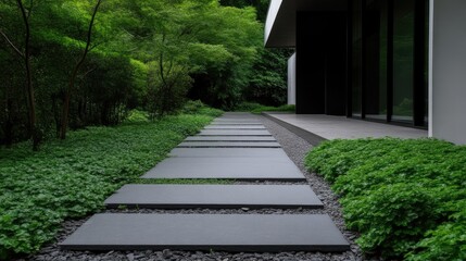 Modern garden path with gray stone paving slabs, lush greenery, and contemporary architecture