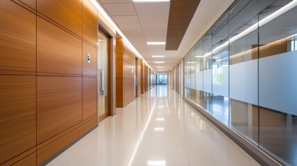 Modern office corridor with wooden panels and glass walls, showcasing a clean and bright environment