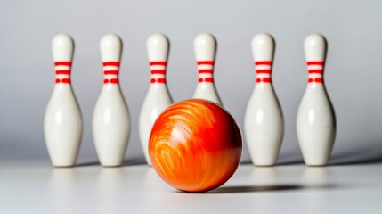 Naklejka premium Bowling ball is in front of a row of bowling pins. The bowling ball is orange and white