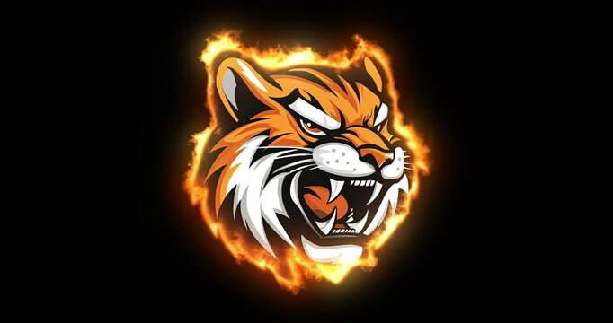 Tiger face surrounded by flames, glowing brightly 4k footage