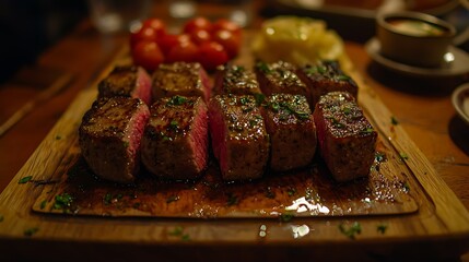 Delicious Grilled Steak Dinner on Wooden Board