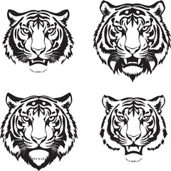 Massive Tiger Head Vector Collection: Diverse Black and White Illustrations