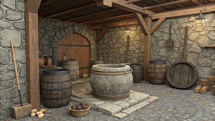 Naklejka premium Exploring a medieval brewing setup with stone vessels and wooden storage in a rustic stone building