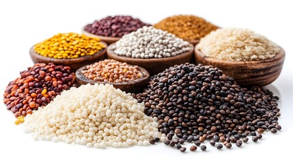 A vibrant collection of various quinoa seeds and grains in small wooden bowls are arranged artfully on a white background.